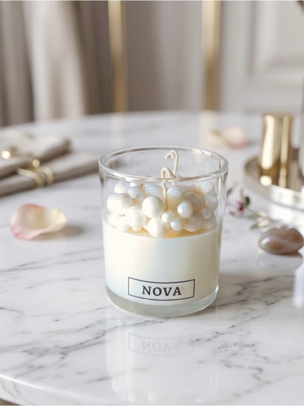 Cream Decorative Glass Candle with Pearl Top